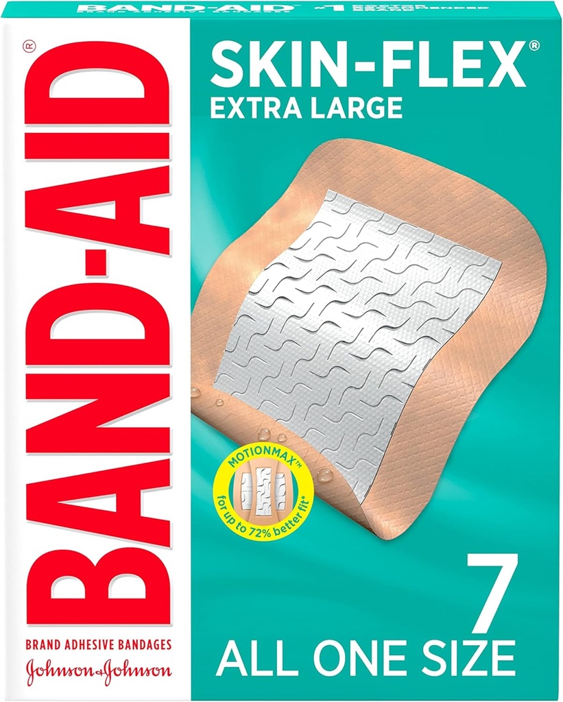 Band- Aid Brand Skin- Flex Adhesive Bandages for Førstehjælp og Sårpleje af Minor Cuts og Scrapes & Burns, Fleksible Steril Bandages for Fingers & Knees, Extra Large, All One Size, 7 ct