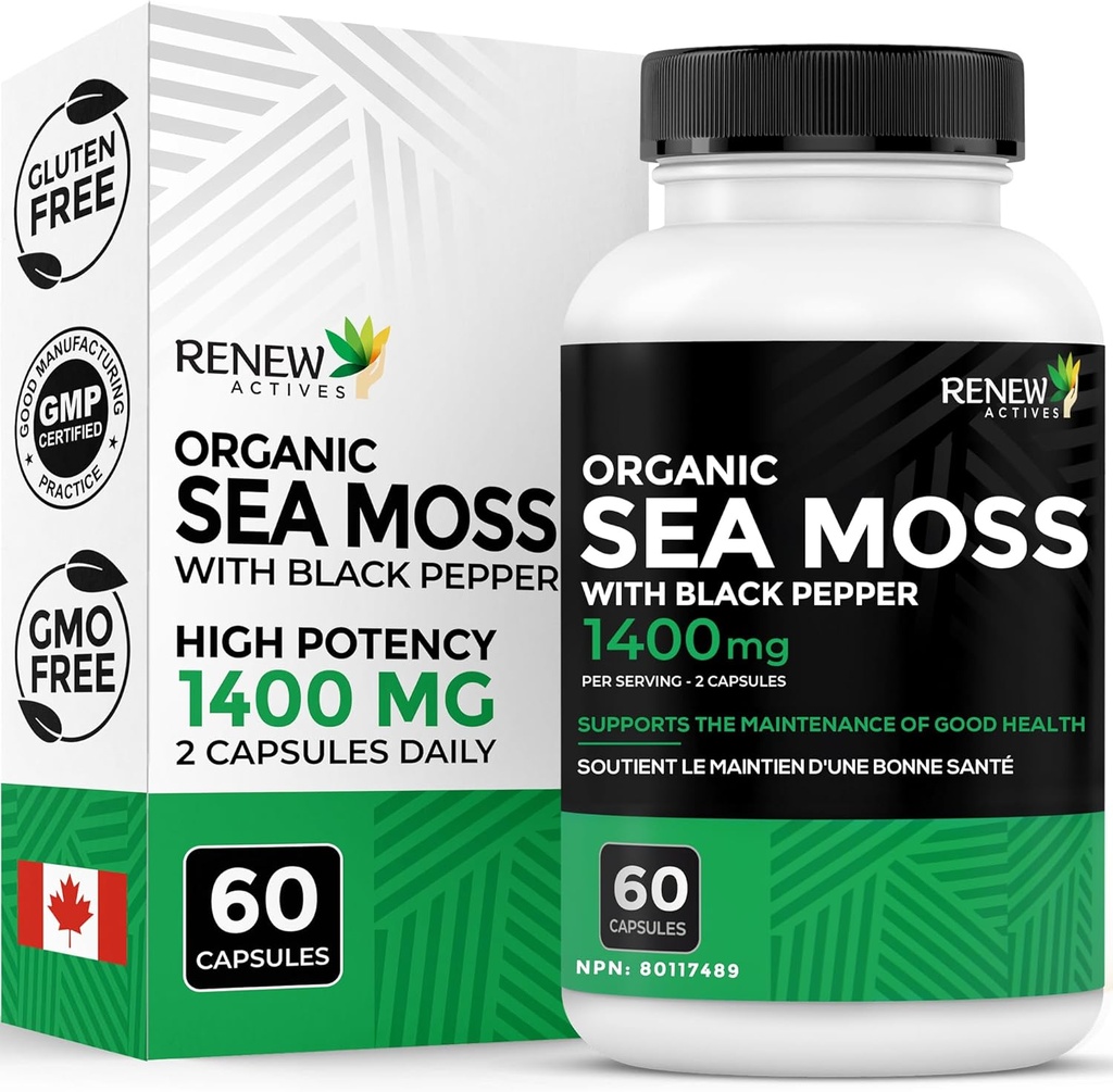 Renew Actives Sea Moss Triple- Action Antioxidant Blend with BioPerine - Organic Irish Sea Moss 500MG, Bladderwrack 500MG & Burdock Root 400MG per 2 kapsler - Made in Canada - 60 kapsler