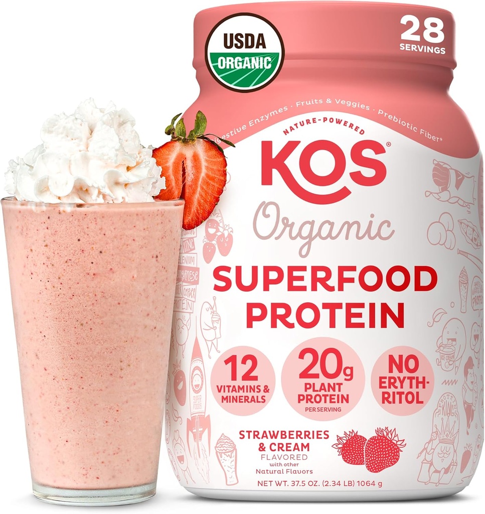 KOS Vegan Protein Powder, Jordbær & Cream USDA Organic - Low Carb Pea Protein Blend, Plant Based Superfood med vitaminer og mineraler, Gluten Free - Måltidserstatning for kvinder og mænd - 28 Servering