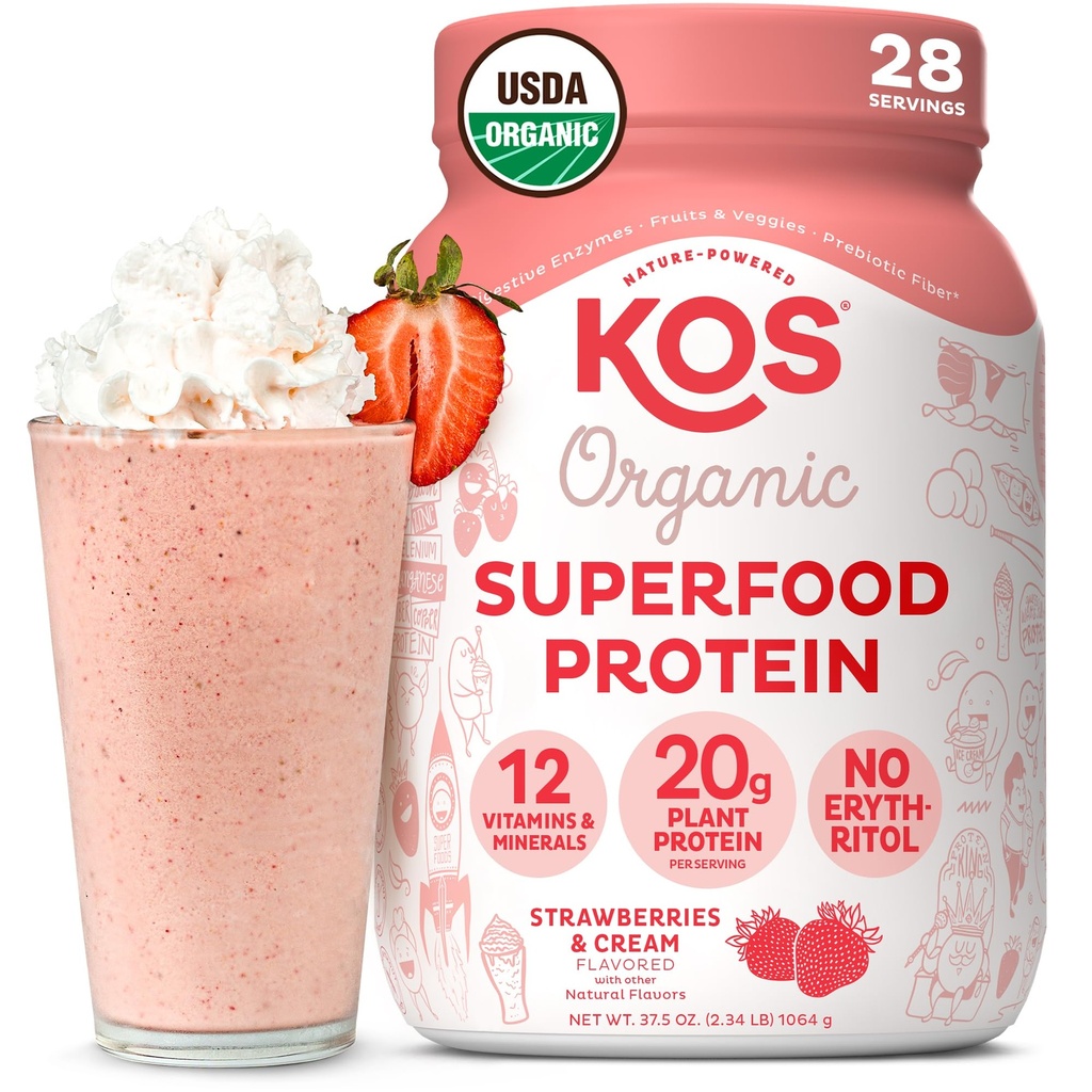 KOS Vegan Protein Powder, Jordbær & Cream USDA Organic - Low Carb Pea Protein Blend, Plant Based Superfood med vitaminer og mineraler, Gluten Free - Måltidserstatning for kvinder og mænd - 28 Servering