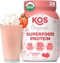 KOS Vegan Protein Powder, Jordbær & Cream USDA Organic - Low Carb Pea Protein Blend, Plant Based Superfood med vitaminer og mineraler, Gluten Free - Måltidserstatning for kvinder og mænd - 28 Servering