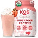 KOS Vegan Protein Powder, Jordbær & Cream USDA Organic - Low Carb Pea Protein Blend, Plant Based Superfood med vitaminer og mineraler, Gluten Free - Måltidserstatning for kvinder og mænd - 28 Servering