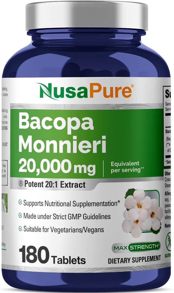 NusaPure Bacopa Leaf Monnieri Extract 20. 000 mg 180 Tablets (Extract 20: 1, Non- GMO, Gluten Free)