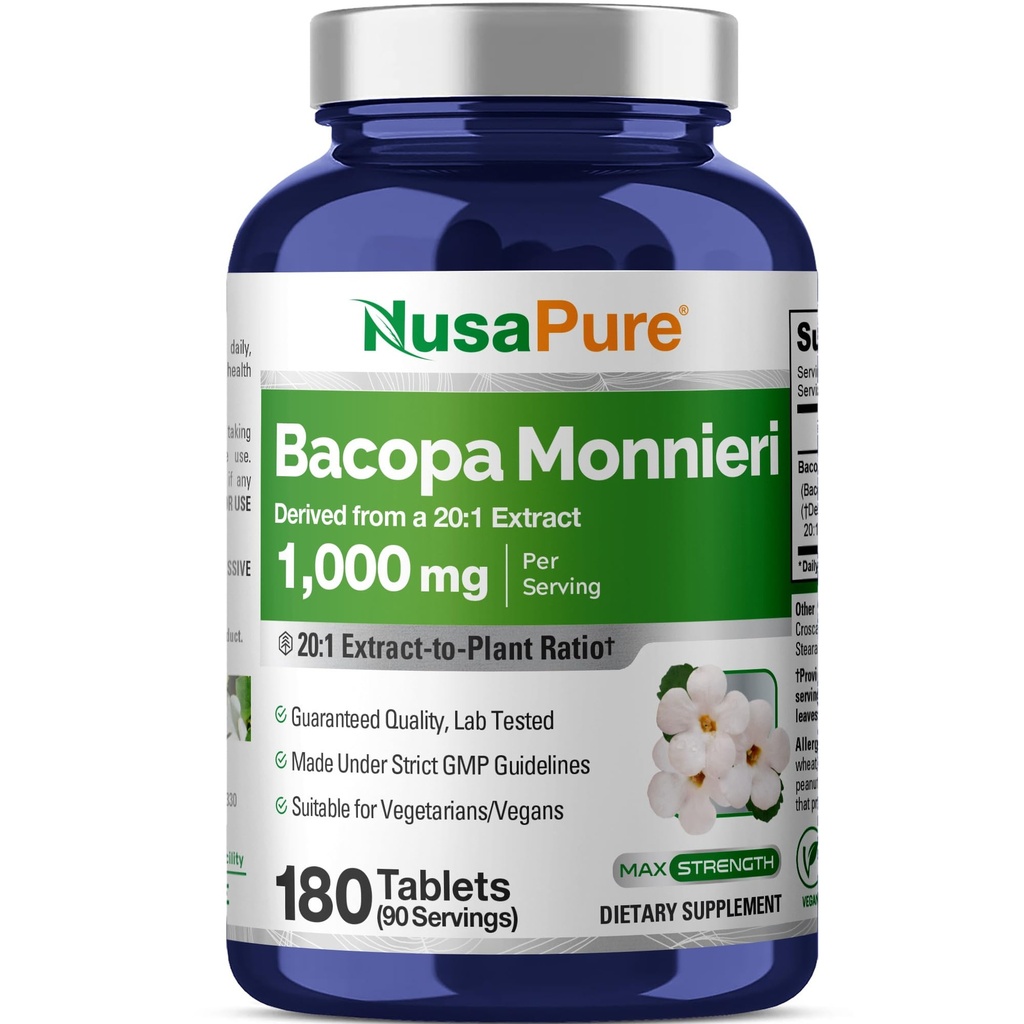 NusaPure Bacopa Leaf Monnieri Extract 20. 000 mg 180 Tablets (Extract 20: 1, Non- GMO, Gluten Free)