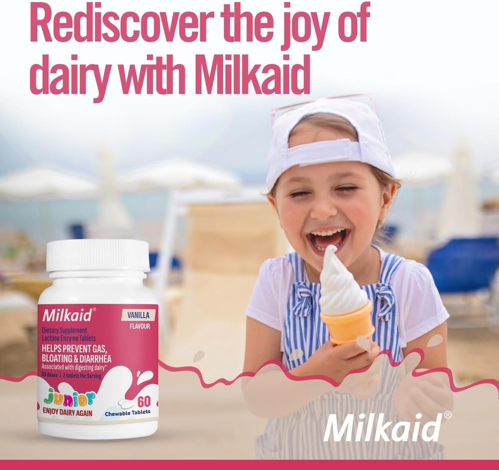 Milkaid Junior Flavor Pack er 124; hjælper med at forebygge Gas, Bloating, Diarré hos børn; hurtigt fungerende Dairy fordøjelsestilskud til børn; 180 tabletter