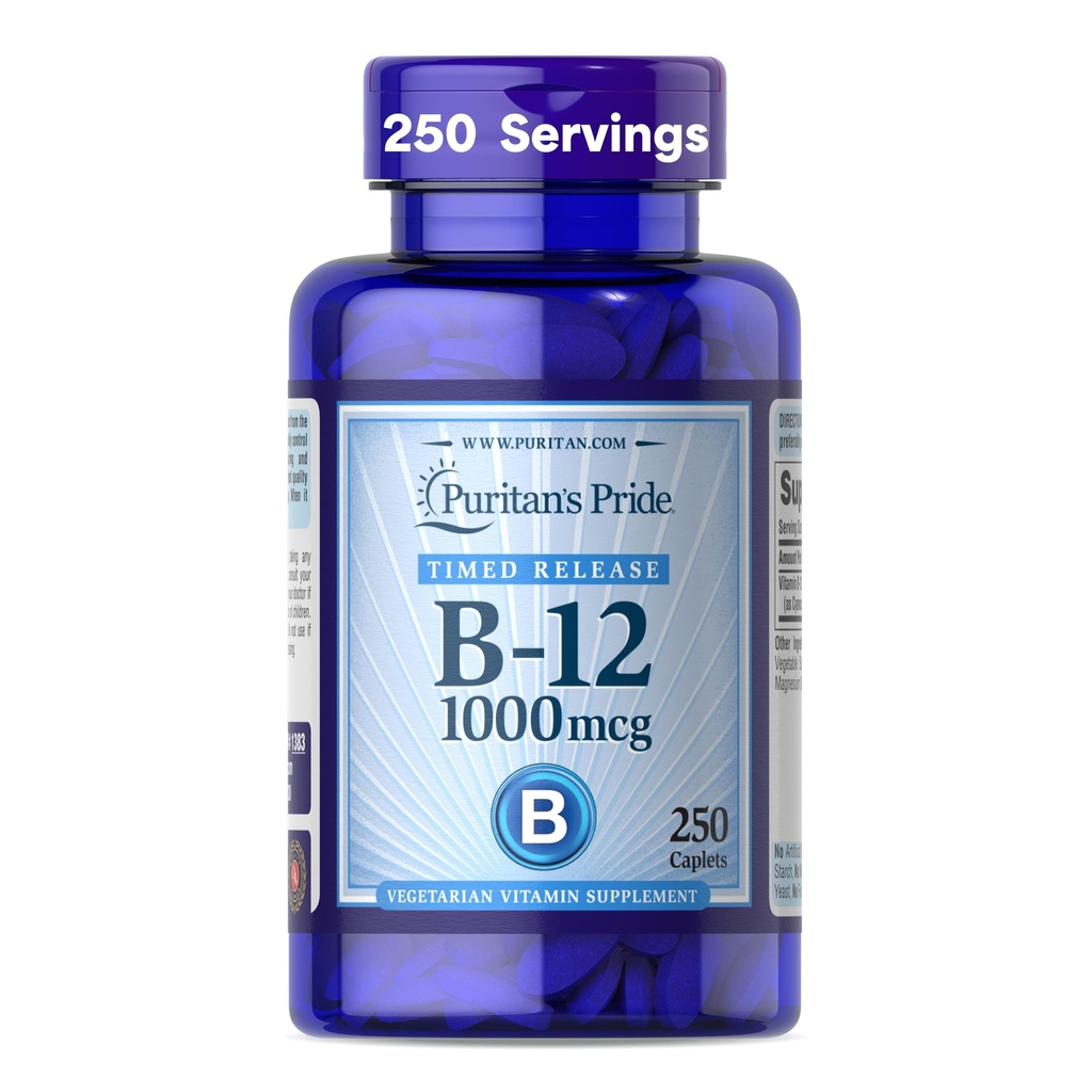 Puritans Pride Vitamin B- 12 1000Mcg Timet Release Caplets - 124; Kosttilskud til energi Metabolisme Support - 124; Timet Release - 124; Cellular Energy Support - 250 Tæl