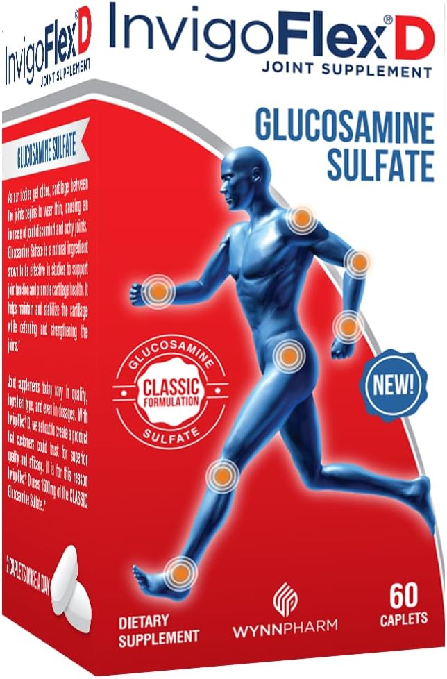 INVIGOFLEX ® D - 1500mg Glucosamin Sulfate (Classic Formulation) - Premium Joint Supplement for Knies, Hands, Back, & Hip Support D: Glucosamin Sulfate, Caplets - 60 Ct