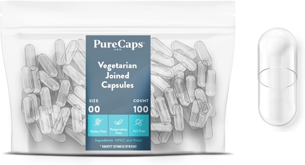 PureCaps USA - Tomme Vegetarisk og Vegansk Pille Kapsler Størrelse 00 • 124; 100 Forenede Pills • 124; Ryd • 124; Non- GMO Certificeret • 124; SLS, Gluten, Konserveringsfri