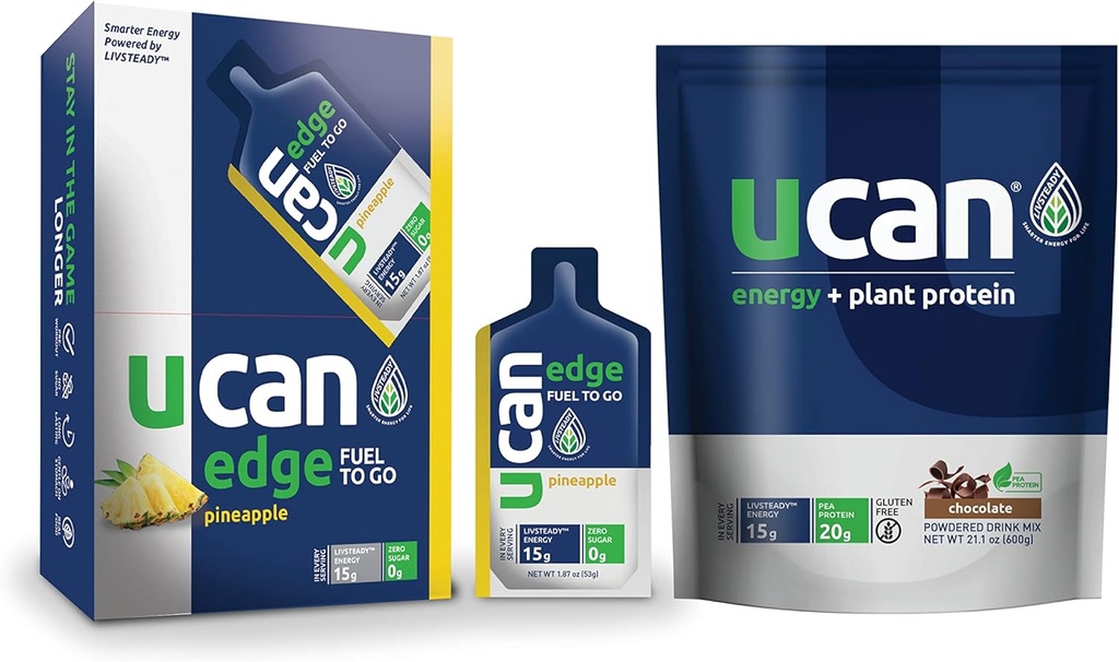 UCAN Pineapple Edge Energy Gel & Chocolate Plant Protein - Great for Running, Training, Fitness, Cycling, Crossfit & More | Sugar-Free, Vegan, & Keto Friendly Energy Supplement