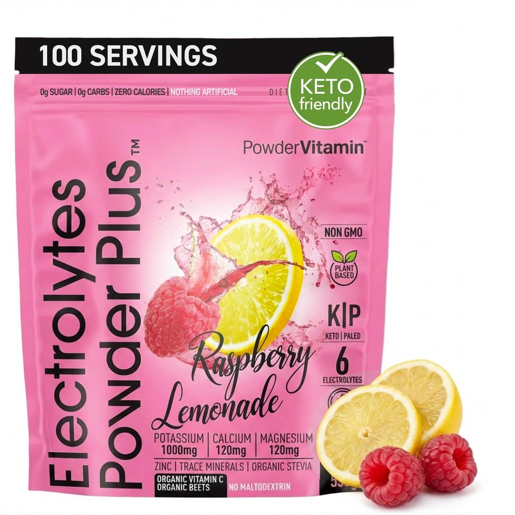 PowderVitamin Electrolytes Powder Plus (100 Servere) Raspberry Lemonade Electrolyte Powder, Zero Calorie, Keto, Zero Sugar, No Maltodextrin, 1000mg Kalium, 120mg Calcium, 120mg Magnesium, Hydration