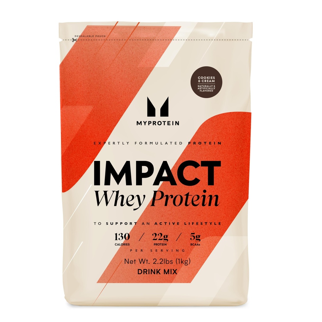 Myprotein Impact Whey Protein Powder, 2,2 Lbs (32 Servere) Cookies & Cream, 22g Protein & 5g BCAA Per Servering, Protein Shake for Superior Performance, Muscle Strength & Recovery, Gluten Free