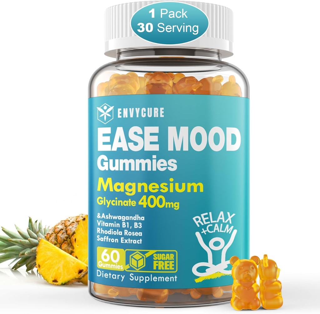 Sugar Free Magnesium Glycinate Gummies 400mg med Ashwagandha, B1, B3, Rhodiola Rosea & Safran til støtte hvile, Mood & Energy Calm Magnesium Gummies for voksne, Chewable Magnesium Supplement, 60Ct