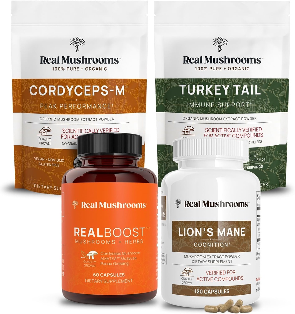 Real Mushrooms RealBoost (60ct), Lions Mane (120ct), Cordyceps & Turkey Tail Mushroom Powder & Capsules Bundle - Mushroom Supplement for Energy, Vitality, Endurance & Cognition - Vegan, Non-GMO