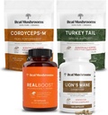 Real Mushrooms RealBoost (60ct), Lions Mane (120ct), Cordyceps & Tyrkiet Tail Mushroom Powder & Capsules Bundle - Mushroom Supplement for Energy, Vitality, Endurance & Cognition - Vegan, non-GMO