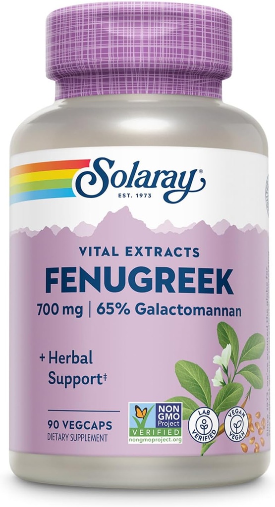SOLARAY fenugreek frø ekstrakt 700 mg - fenugreek kapsler med 65% Galactomannan kostfibre - non-GMO, Vegan fenugreek supplement til sund fordøjelsesstøtte - 45 Serveringer, 90 VegCaps