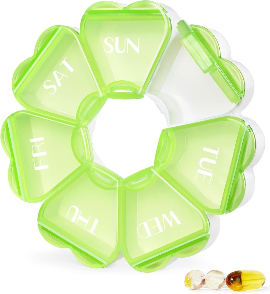 MOLN HYMY Stor Ugentlig Pill Box 7 Dag, Cute Pill Case Organizer 1 gang om dagen, Floral Pill Container Når dagligt, Pretty Medicine Dispenser for Vitamin / Fish Oil / Medicin / Kosttilskud (grøn)