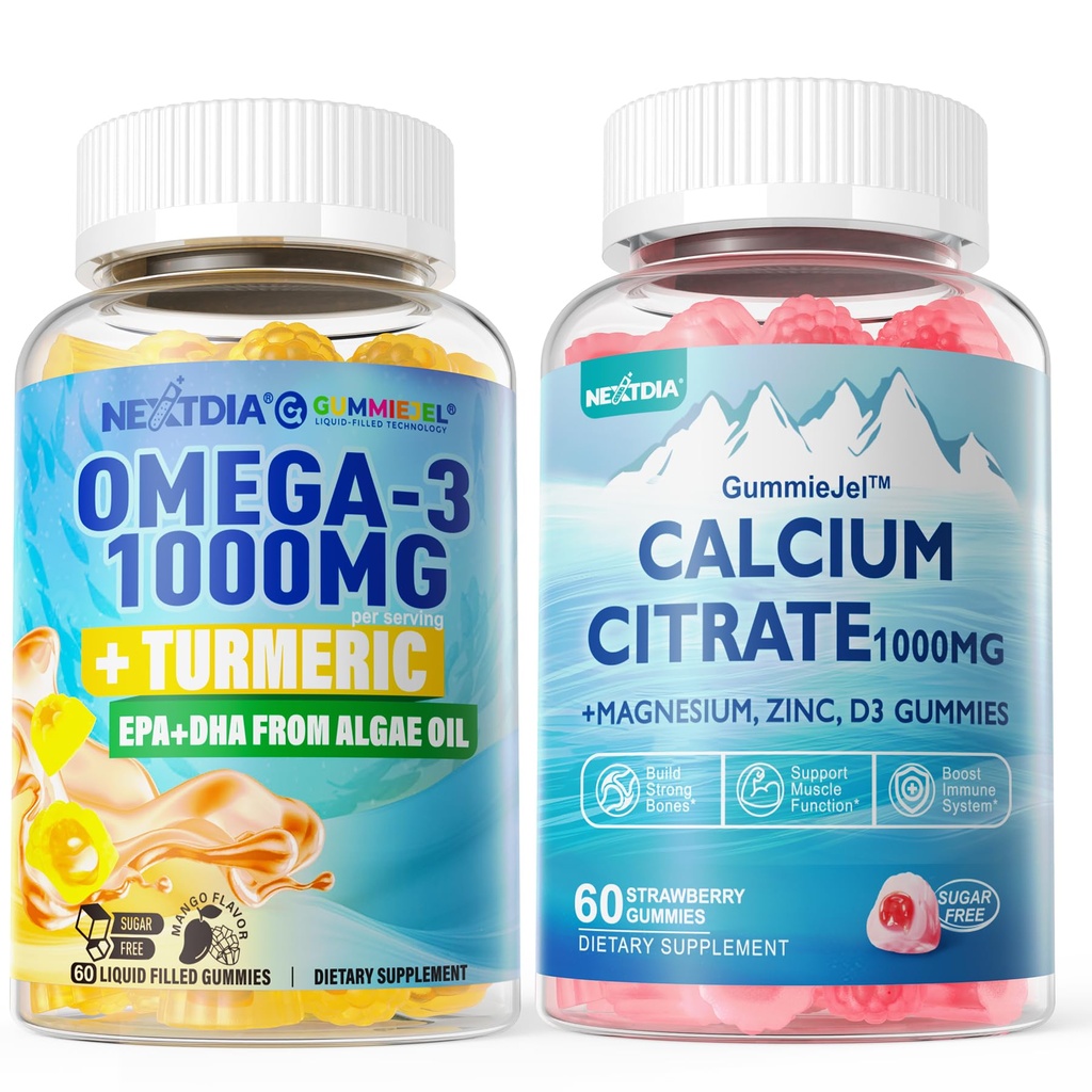 1Pack Sugar Free Calcium Citrate, Magnesium Citrate & 1Pack Vegan Omega-3 Gummies 1000mg + Gurkemeje