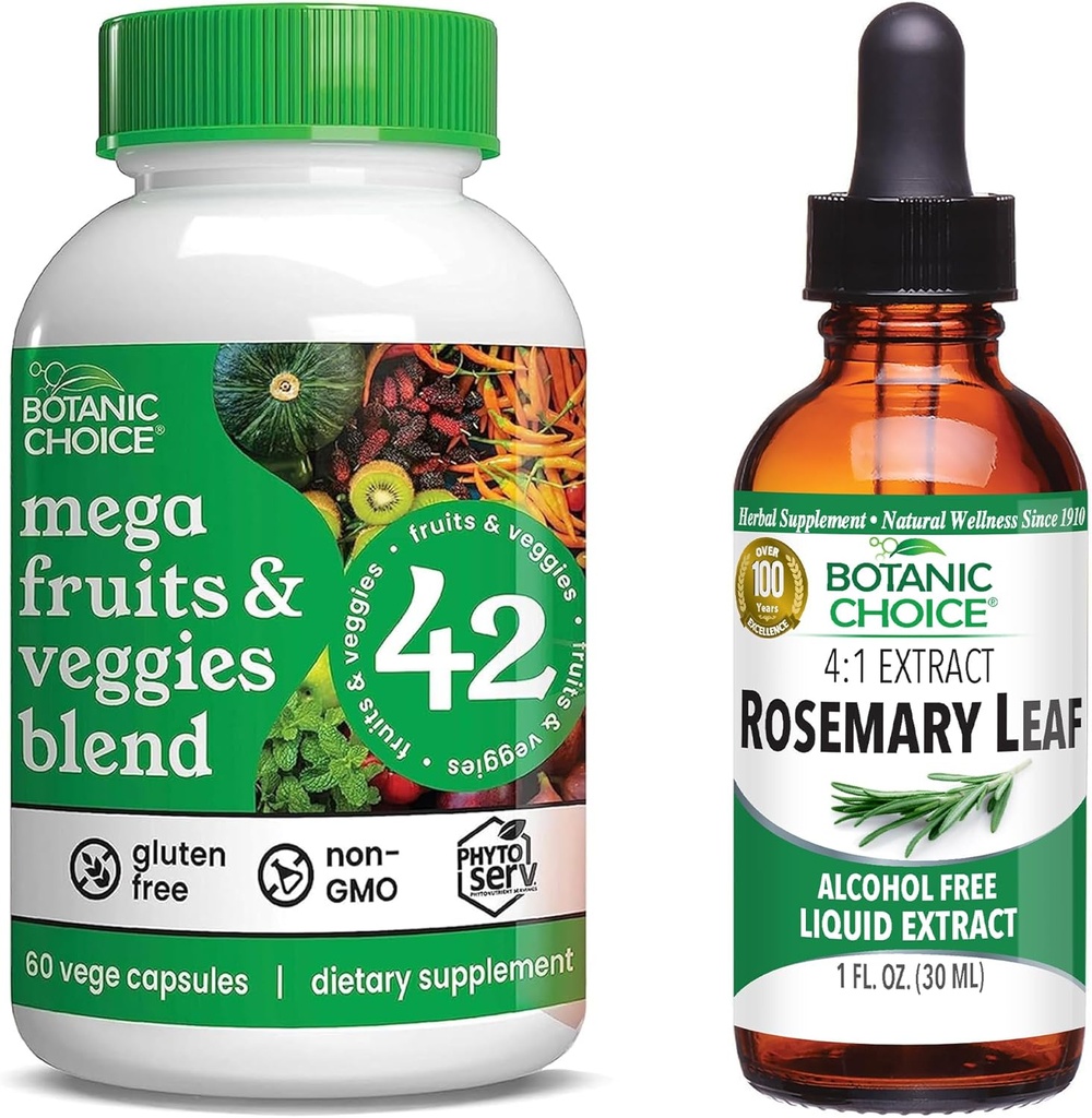 Botanic Choice Mega Fruits and Veggies Blend (60 kapsler) + Rosemary Leaf Extract (1 fl oz) Bundle - Energy Balance & Superfood Supplement + Koncentration og hukommelse Support