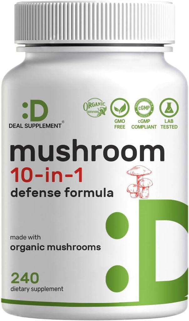 Økologisk 10- in-1 Mushroom supplement, 240 kapsler - Lions Mane, Tyrkiet Hale, Reishi, Cordyceps & mere Mushroom kompleks - Immun, Energi & Nootrop Brain Support - Non-GMO
