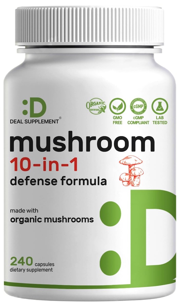 Organic 10-in-1 Mushroom Supplement, 240 Capsules – Lions Mane, Turkey Tail, Reishi, Cordyceps & More Mushroom Complex – Immune, Energy & Nootropic Brain Support – Non-GMO