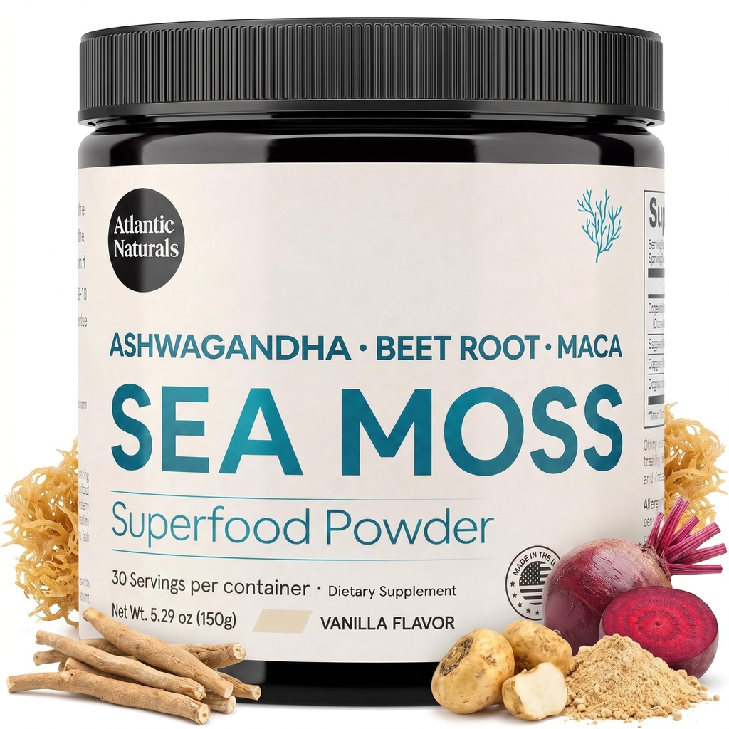 Atlantic Naturals Sea Moss Superfood Powder med Ashwagandha, Beet Root, og Maca Root - Sea Moss Powder understøtter sund hud, atletisk ydeevne, og positiv mood - Vanilla Flavor (150g)