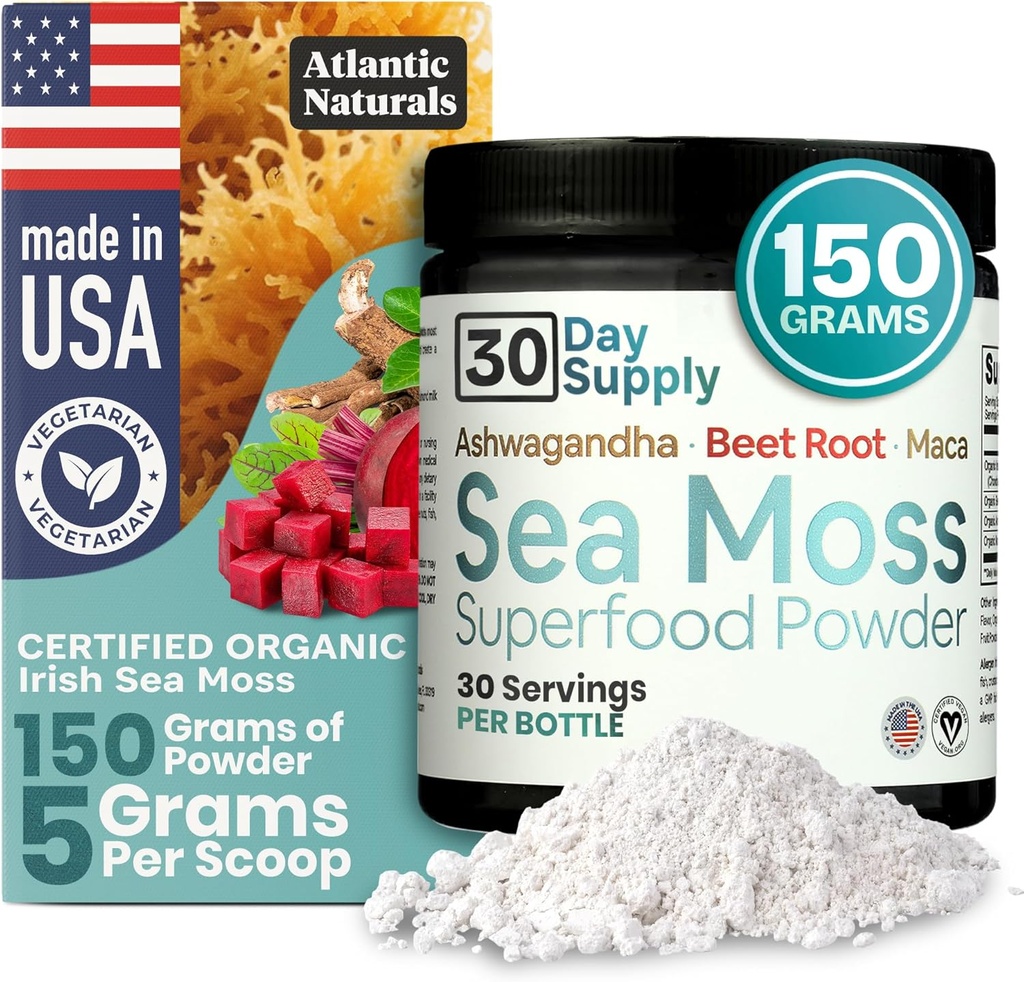 Atlantic Naturals Sea Moss Superfood Powder with Ashwagandha, Beet Root, and Maca Root - Sea Moss Powder Supports Healthy Skin, Athletic Performance, and Positive Mood - Vanilla Flavor (150g)