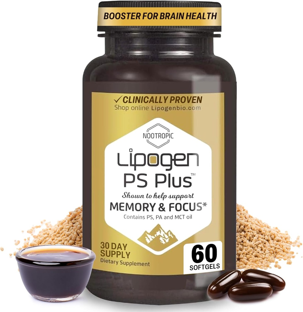 PS Plus Brain Kosttilskud til hukommelse og fokus - Premium Phosphatidylserine Brain Booster for Brain Health - Nootrop - 60 Softgels for One Month Supply