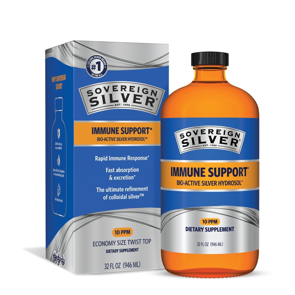 Sovereign Sølv Immunitet Support - Kolloid Sølv, Bio- Aktiv Sølv Hydrosol, 10 ppm, Flydende Twist Top, 32 Fl Oz, (946 mL)