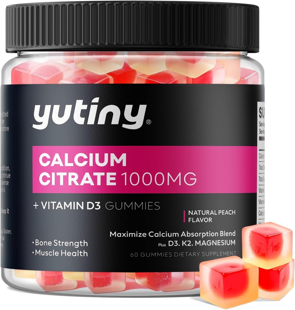 Calcium Citrate Fyldt Gummies, Ekstra Absorption Calcium Citrate 1000mg med vitamin D3, K2 & Magnesium, tyggetabletter for ben, muskelsundhed, 60 Tæl