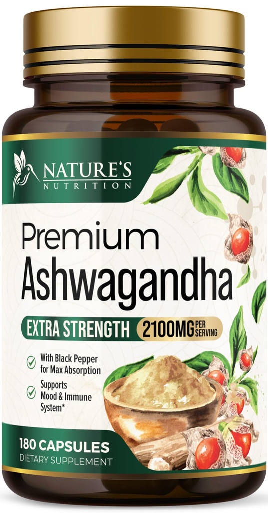 Ashwagandha Kosttilskud - 2100mg Ashwagandha Capsule for Women & Men, Natural Antioxidant Support, Ashwa Root Extract, Extra Strength Calm Support med Black Pepper, Vegan & Gluten Free - 180 Kapsler
