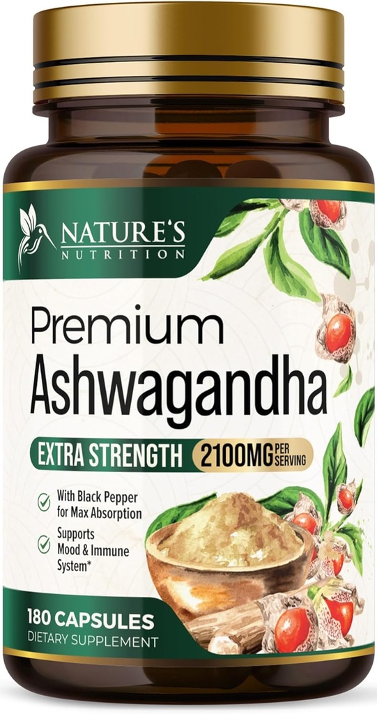 Ashwagandha Kosttilskud - 2100mg Ashwagandha Capsule for Women & Men, Natural Antioxidant Support, Ashwa Root Extract, Extra Strength Calm Support med Black Pepper, Vegan & Gluten Free - 180 Kapsler