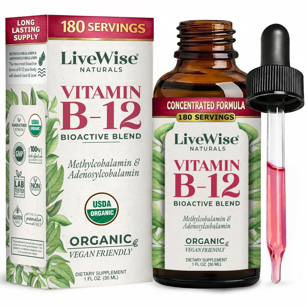 LiveWise Naturals B12 Vitamin Drops Non- GMO, Organic Bioactive Blend for Energy, Clarity, Focus, og Easy Absorption, Adenosylcobalamin & Methylcobalamin Supplement, Vegan, Gluten- Free, Dairy- Free