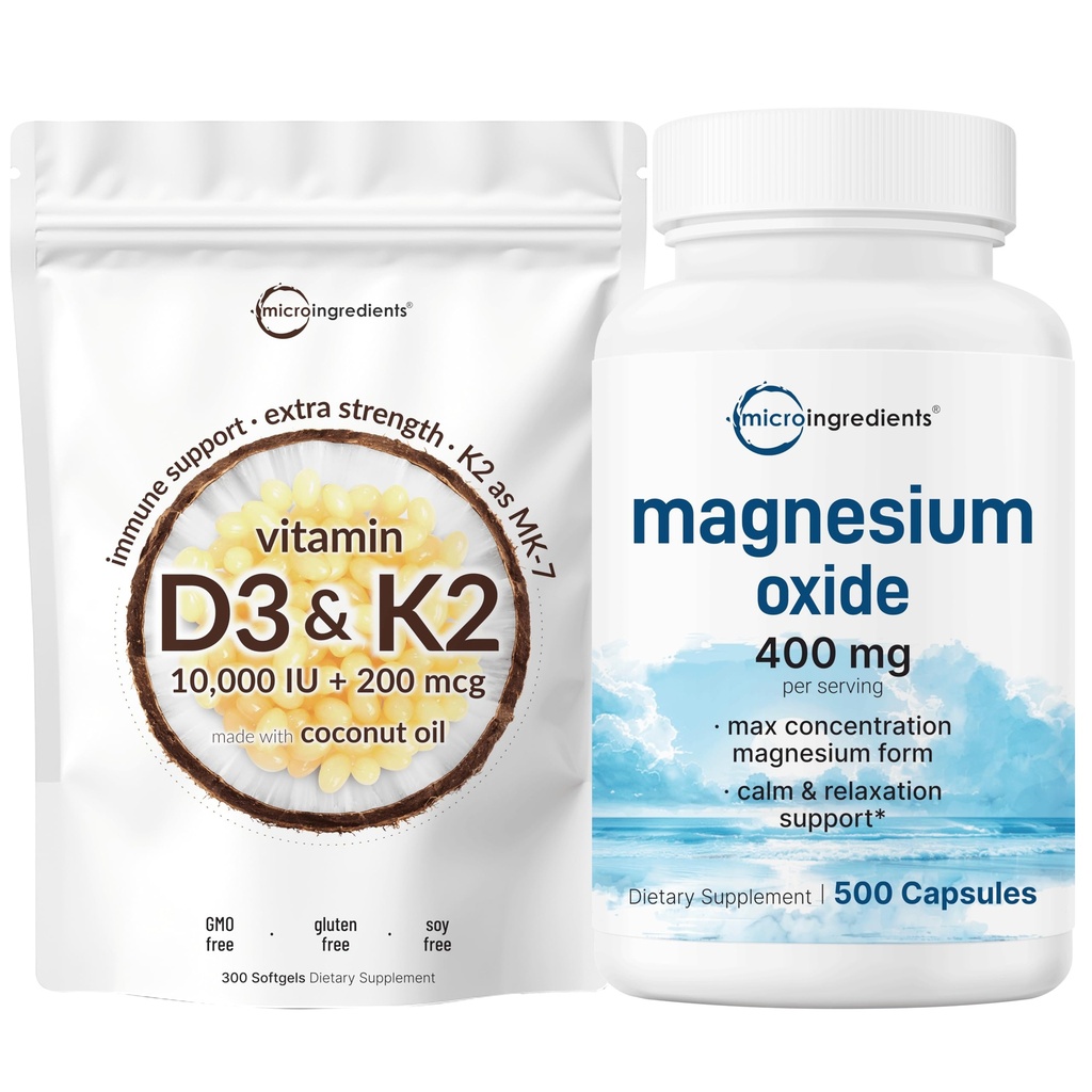 Micro Ingredients Vitamin D3 10,000iu + K2 200mcg Coconut Oil Softgels & Magnesium Oxide 400mg Bundle Packed 124; Essential Sunshine Vitamins