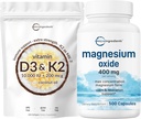 Micro Ingredients Vitamin D3 10,000iu + K2 200mcg Coconut Oil Softgels & Magnesium Oxide 400mg Bundle Packed 124; Essential Sunshine Vitamins