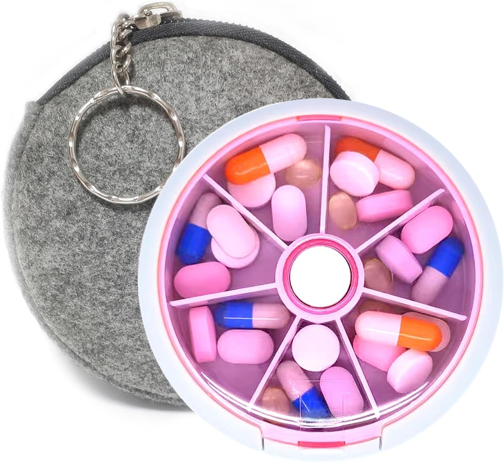 Pill Organizer rejse pill sag for purse Portable Pill Box Round Weekiy Pill Container til Vitamin Fish Oil Pills Kosttilskud (Pink + Bag)