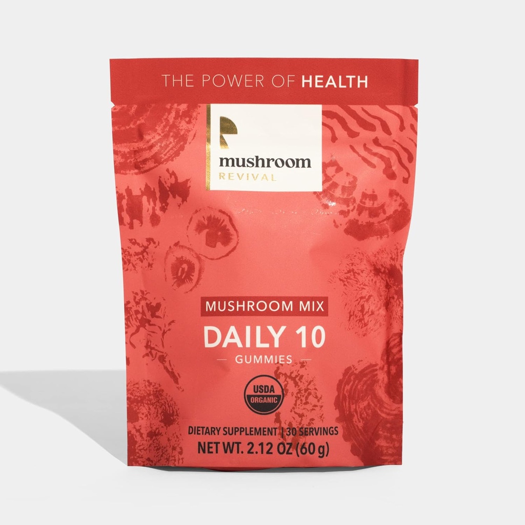 Svampe Revival, Økologisk, Daglig 10 Svampe Mix Gummies, 2.12 Ounces, Non- GMO, Vegan, Gluten Free, Keto, Dairy Free