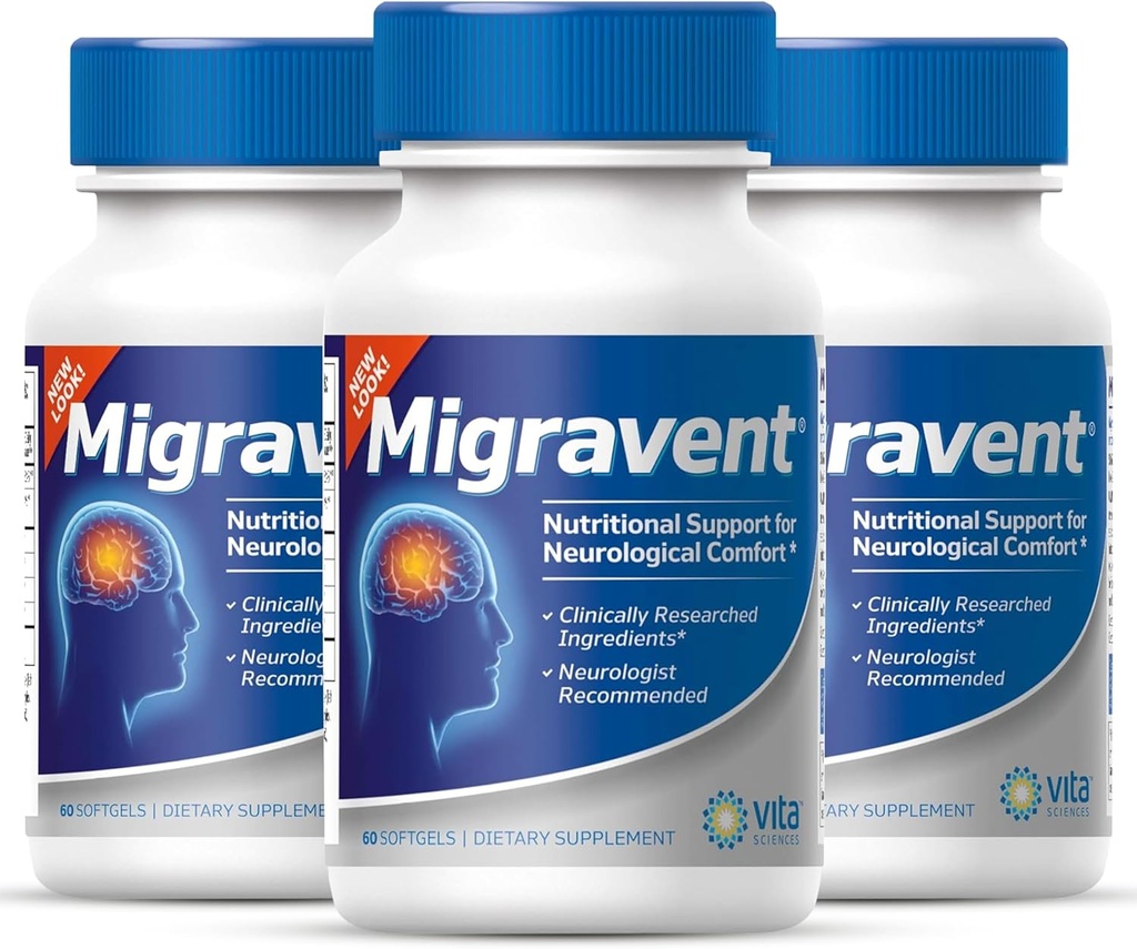 Vita Sciences Migravent - Advanced Nutritional Formel med Magnesium, CoQ10, vitamin B2, og PA- Free Butterbur til neurologisk og vaskulær støtte - 60 kapsler (pakke med 3)