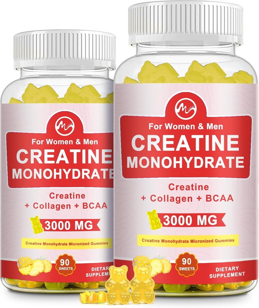Creatinin Gummy, 3g Creatinine Monohydrat per servering, Sugar Free Creatinine Monohydrat Gummy for muskelvækst og styrke med 0,5g Collagen, 0.2g BCAA, 60 Servere, Ananas Arv, 2 Pack