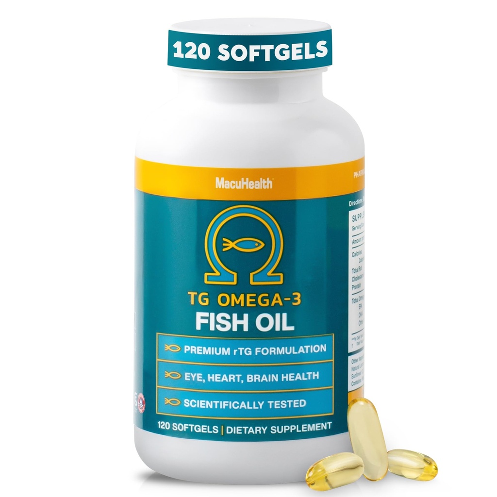 Macuhealth Omega 3 Fish Oil - 1100mg DHA, 1100mg EPA, Eye & Brain Health Supplement, Triglyceride Formel, 120 Softels