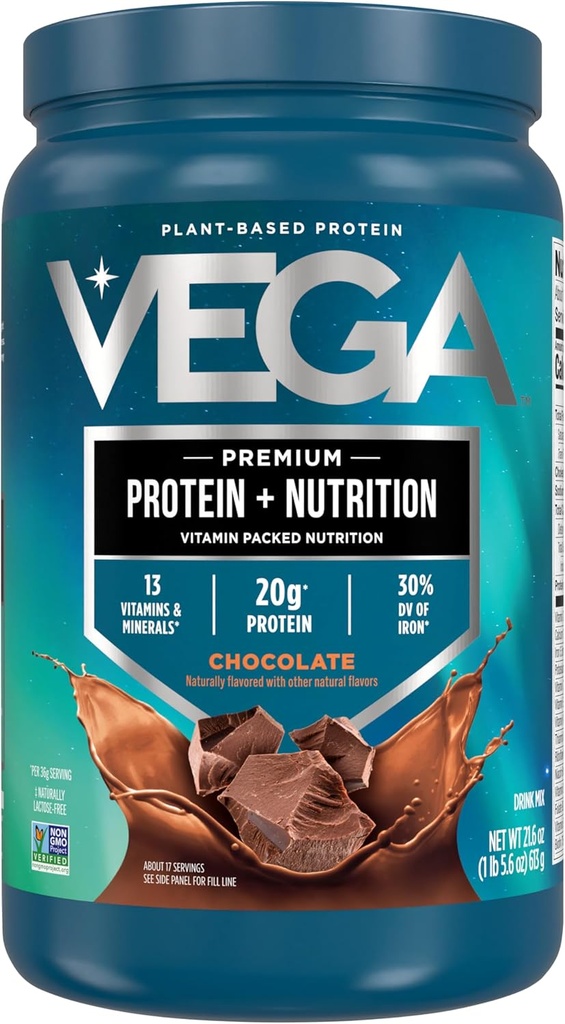 Vega Protein + Nutrition - 20g Plant- baseret Pea Protein, Chokolade, 17 Servering, Vegan Keto Superfood, Antioxidant- Rich, Gluten Free, Dairy Free, Low Carb, 1.4lbs (Packaging May Vary)