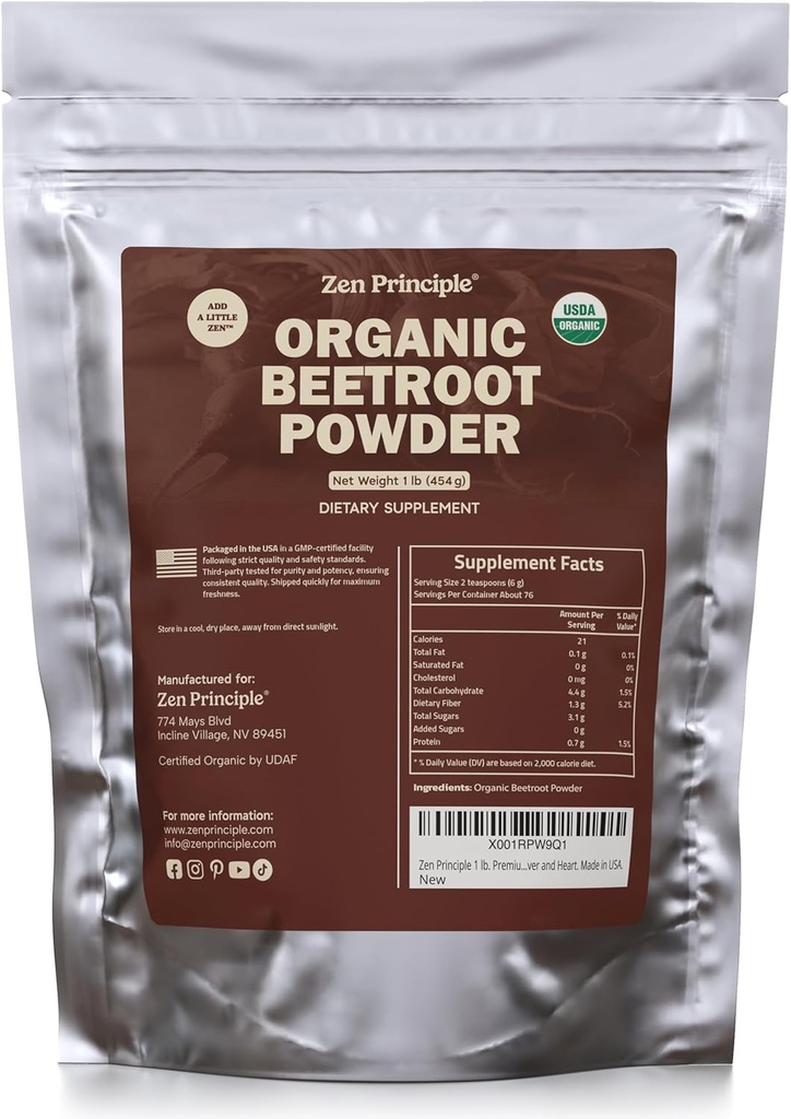 Zen Principle 1 lb. Premium Organic Beetroot Powder. 100% USDA Certified. More Fiber and Less Sugar Than Beet Juice. All Natural Energy Boost, Supports Healthy Liver and Heart. Made in USA.