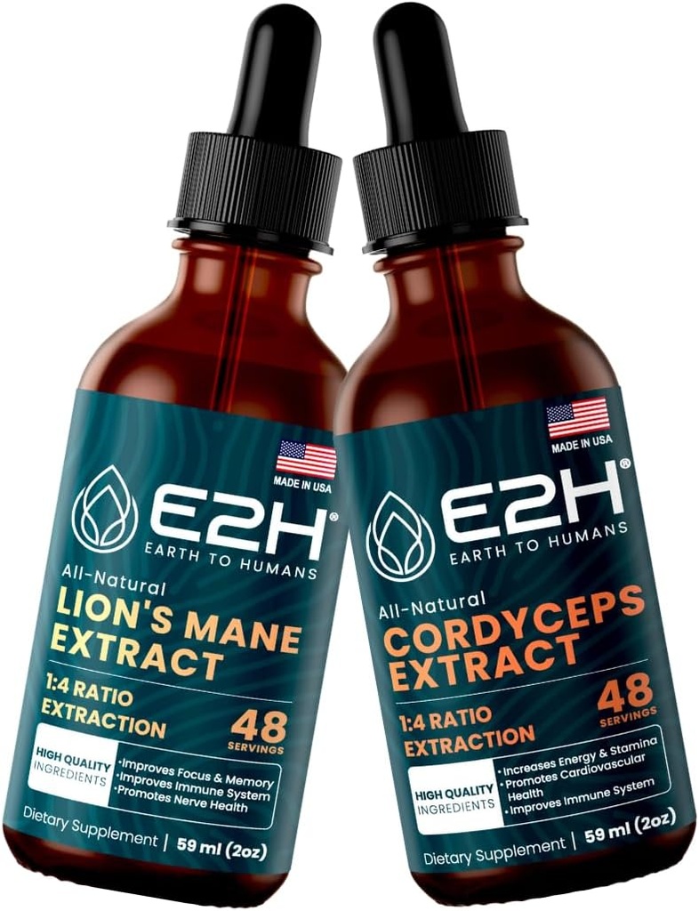 E2H: Lion's Mane & Cordyceps for Mental Clarity, Memory, Energy, Stamina & Immune Support - Non-GMO, Vegan - 2 Fl Oz Each (4 Fl Oz Total) - Bundle