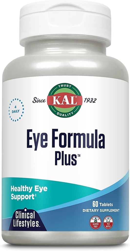 KAL Eye Formel Plus, Eye Care og Vision Kosttilskud til voksne, med Eye Vitamin Lutein og Zeaxanthin, Plus Bilberry Extract, Goji og Blueberry Extract, 60- Day Garanti, 15 Servere, 60 tabletter