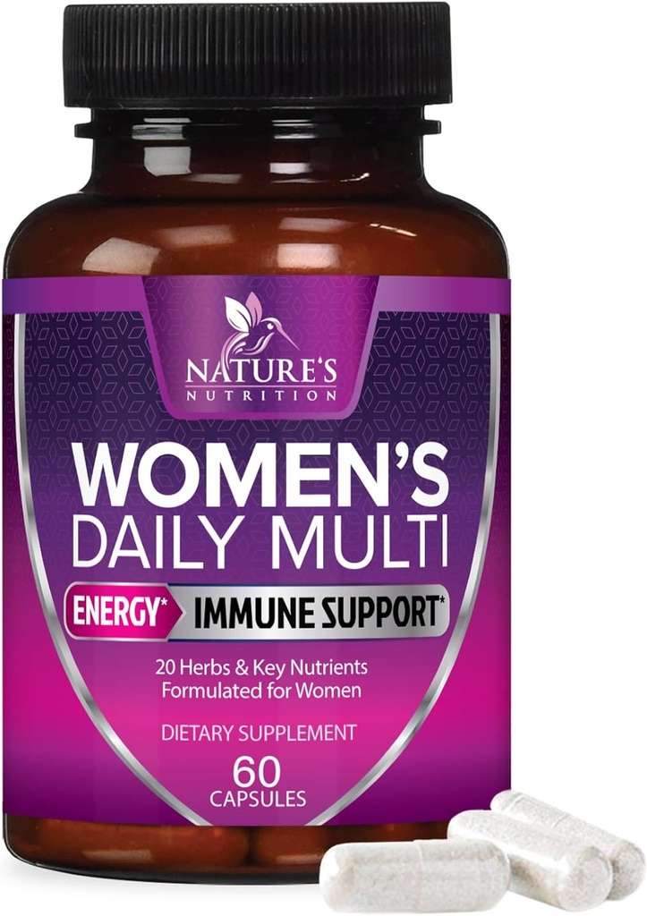 Multivitamin til kvinder - med Vitaminer A, C, D, E, B6, B12, Zink, Calcium & Magnesium, Kvinder Daily Multi Vitamin Multimineral Supplement for ben sundhed, energi & immunforsvar - 60 kapsler