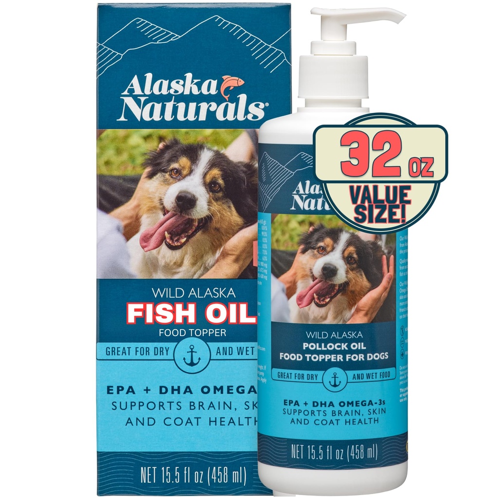 Alaska Naturals Wild Alaska Fish Oil Supplement for Hunde Hud og Coat med EPA DHA Omega 3 Fedtsyrer Bæredygtig flydende fødevarer Topper 32 oz. Pumpe