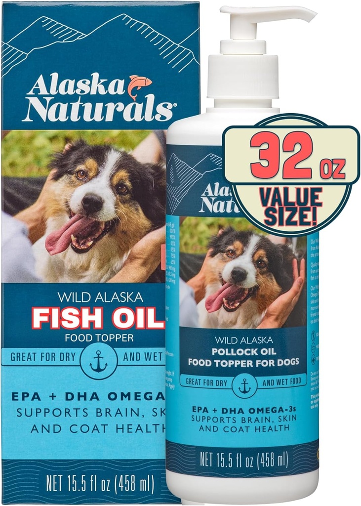 Alaska Naturals Wild Alaska Fish Oil Supplement for Hunde Hud og Coat med EPA DHA Omega 3 Fedtsyrer Bæredygtig flydende fødevarer Topper 32 oz. Pumpe