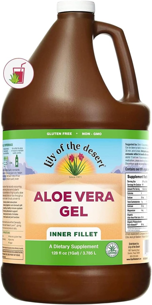 Lily of The Desert Aloe Vera Gel - Indre Fillet Thicker Consistency Aloe Vera Drik med naturlige vitaminer, fordøjelige enzymer for Gut Health, Mave Relief, Wellness, glødende hud, 128 Fl Oz