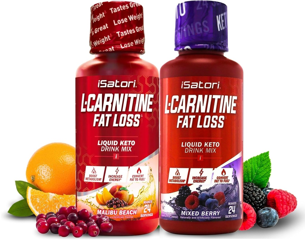 iSatori L- Carnitin 1500, Flydende L- Carnitin med Acetyl L- Carnitin, Blandede Berry Flavor (24 Servere) & Malibu Beach Flavor (24 Servere)