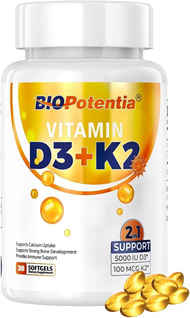 D3- vitamin K2 med MCT Oil Supplement, D3- vitamin 5000 IE & K2 100MCG (MK7), understøtter immunforsvar, ben- og tandsundhed - Gluten Free Non- GMO - 30 Softgels