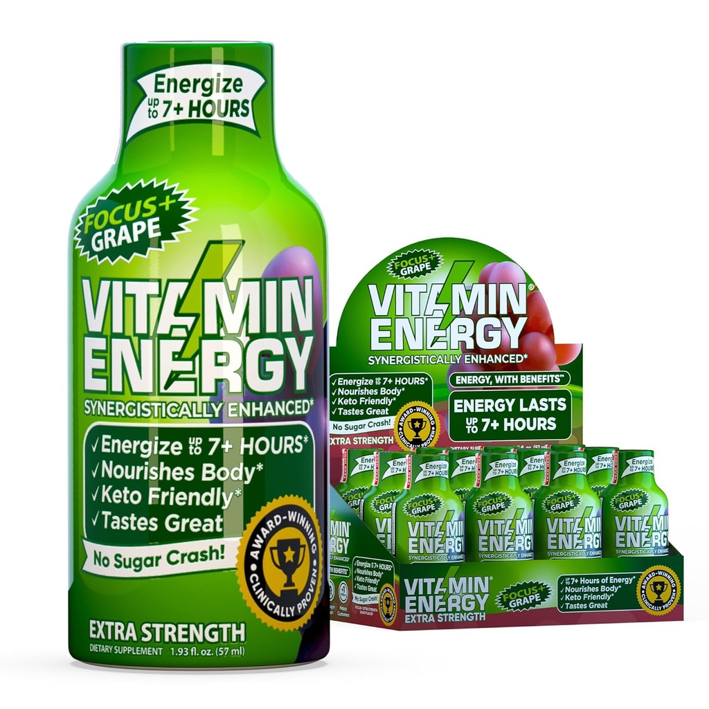 Vitamin Energy Focus + Extra Strength Energy Shot Grape 12 Pack, 260mg Natural Coffein, B- Vitamin, CoQ10, Aminosyrer, Focus, Produktivitet & Clarity, Zero Sugar, Gluten- Free, 1,93 fl oz